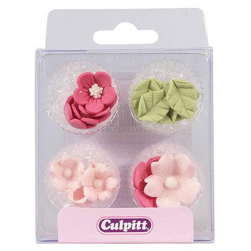 Culpitt Suikerdecoratie Bloem & Blad Roze pk/16 bloemen